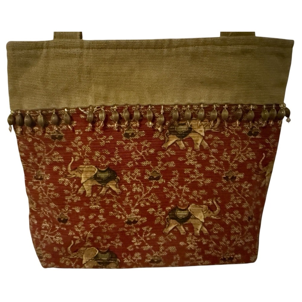 Elephant Purse Tote  Bag Tan Maroon Beads Safari African Pockets Inside Zipper - Picture 2 of 6